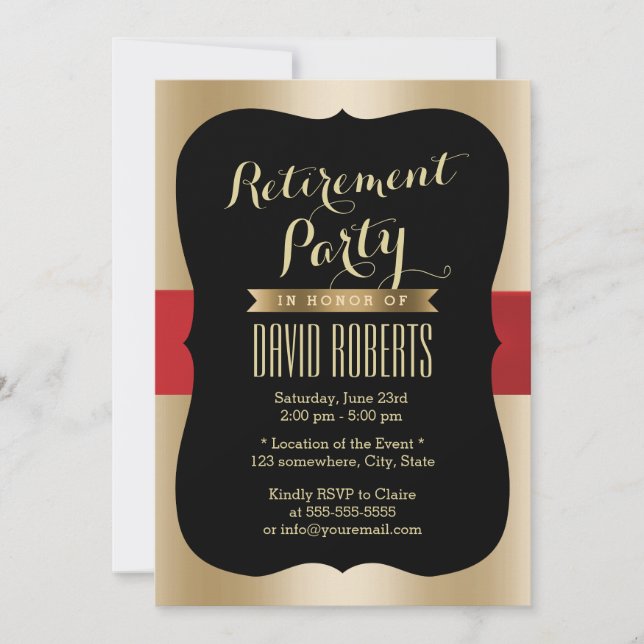 Invitation Parti de retraite élégante Ceinture rouge Noir & O (Devant)