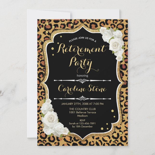 Invitation Parti de retraite - Empreinte de léopard d'or noir (Devant)