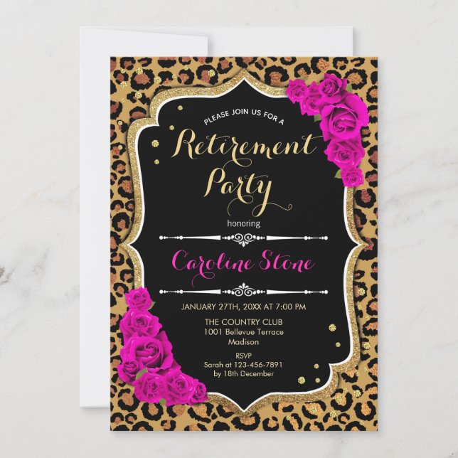 Invitation Parti de retraite - Empreinte de léopard d'or rose (Devant)