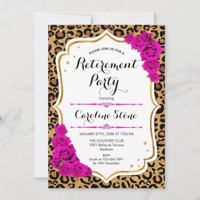 Invitation Parti de retraite - Empreinte de léopard d'or rose (Devant)