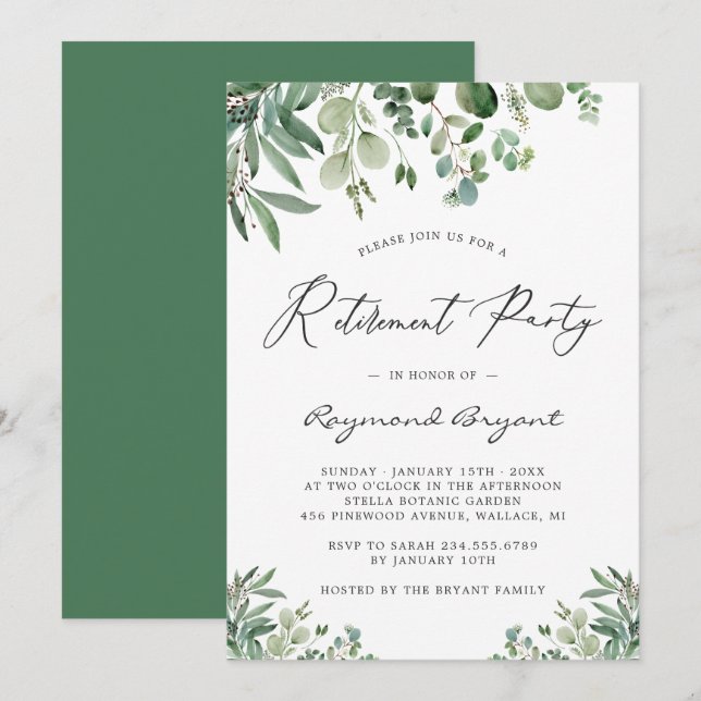 Invitation Parti de retraite Feuille écucalyptus chic vert (Devant / Derrière)