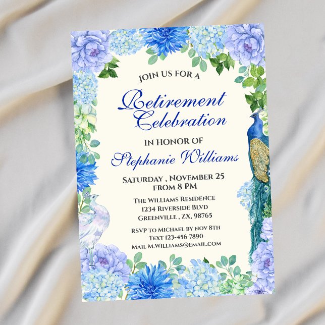 Invitation Parti de retraite florale bleu féminin (Créateur téléchargé)