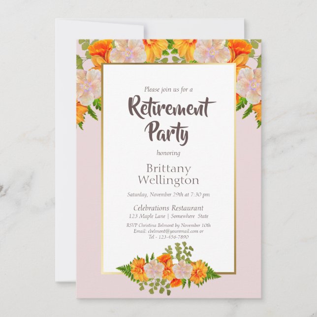 Invitation Parti de retraite florale rose orange (Devant)
