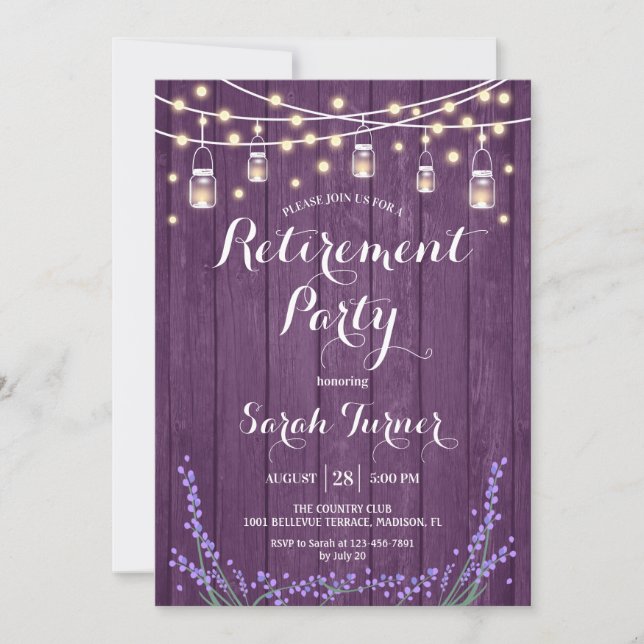 Invitation Parti de retraite - Lavande Rustique Violet Bois (Devant)