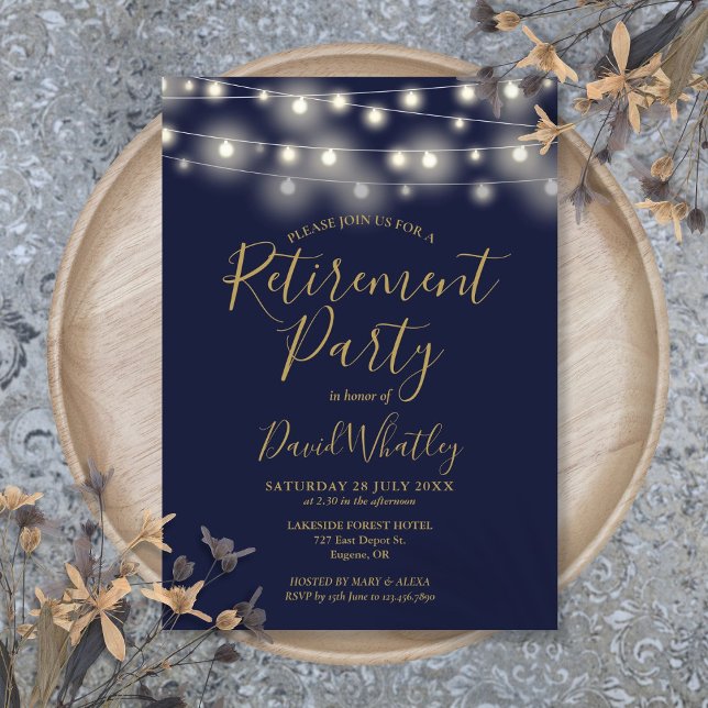 Invitation Parti de retraite Marine Blue and Gold String (Navy Blue And Gold String Lights Retirement Party Invitation)