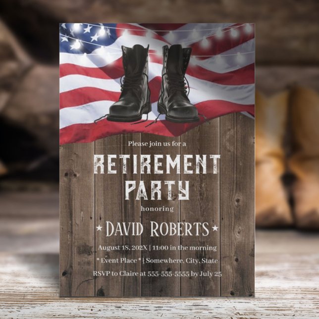 Invitation Parti de retraite militaire Rustic Wood USA Drapea (Créateur téléchargé)