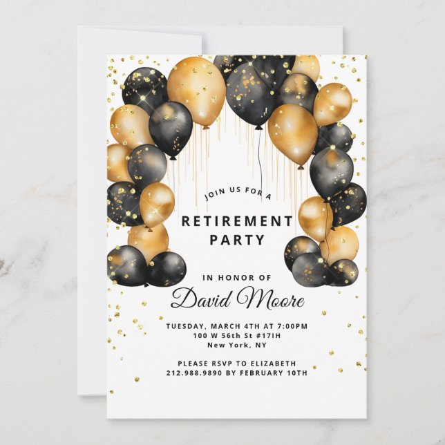 Invitation Parti de retraite moderne Noir Or Blanc (Devant)