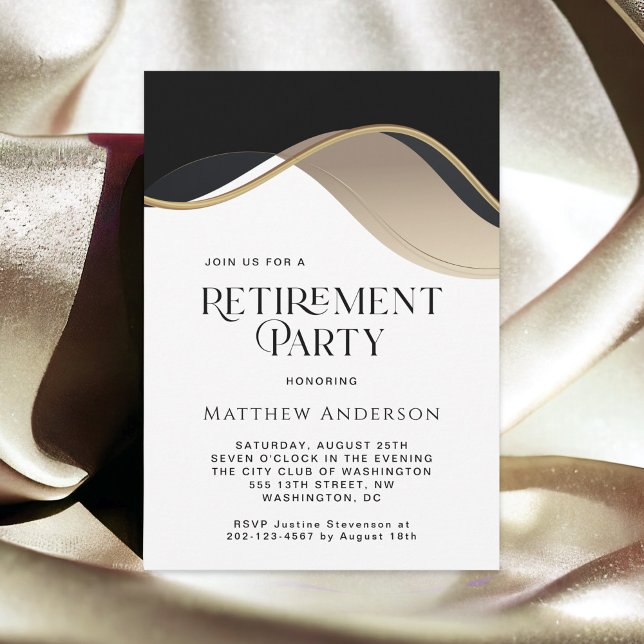 Invitation Parti de retraite moderne Noir, Or et Tan (Available as printed and paperless digital download!)