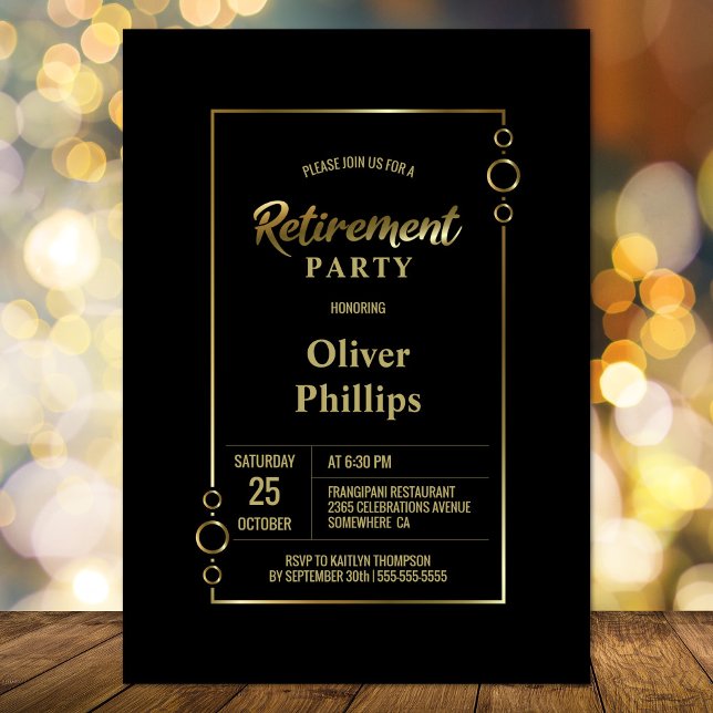 Invitation Parti de retraite Noir avec Gold Frame Party (Créateur téléchargé)