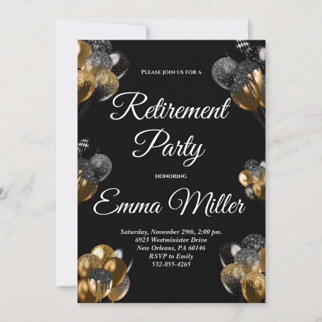 Invitation Parti de retraite noir et or (Devant)
