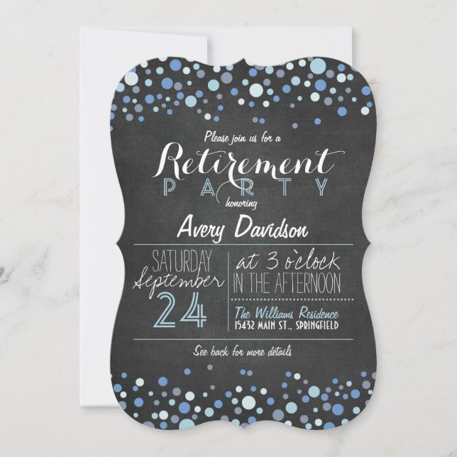 Invitation Parti de retraite Retro Chalkboard bleu et blanc (Devant)
