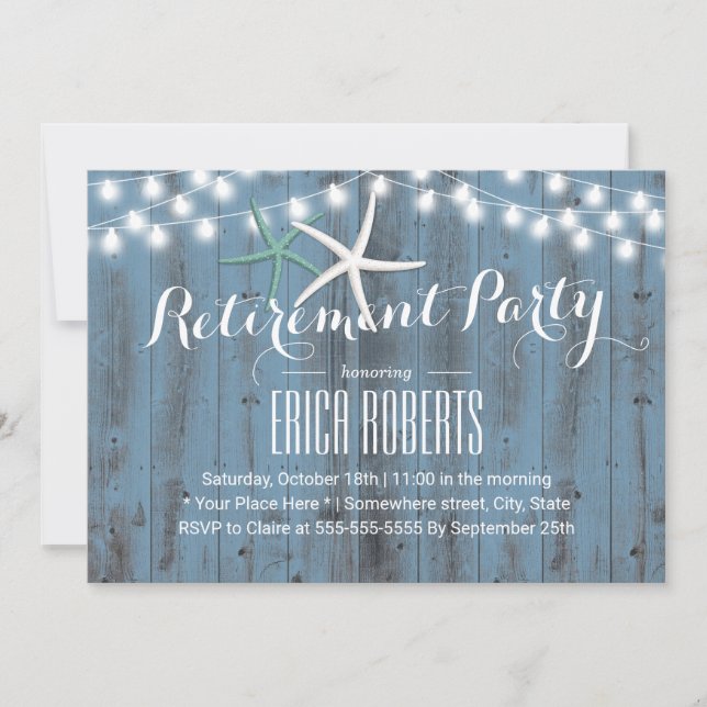 Invitation Parti de retraite Rustique Dusty Blue Beach Starfi (Devant)