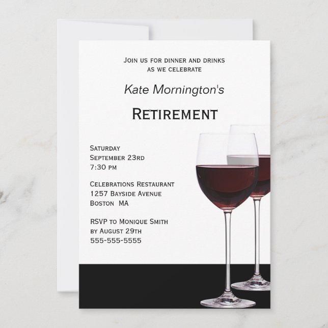 Invitation Parti de retraite Vin rouge noir et blanc moderne (Devant)