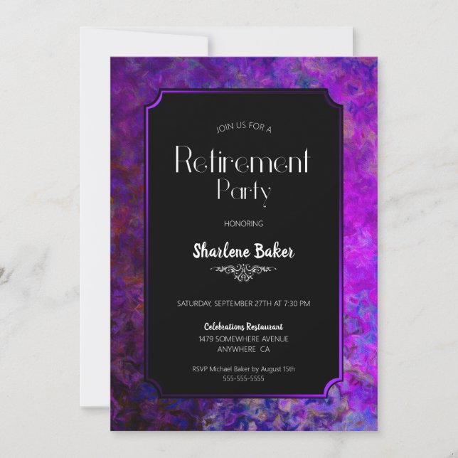 Invitation Parti de retraite violet et noir (Devant)
