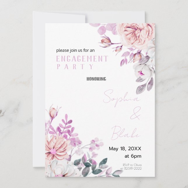 Invitation Parti d'engagement blanc floral violet et blanc (Devant)