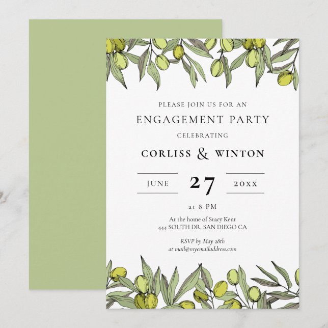 Invitation Parti d'engagement de la branche Olive moderne (Devant / Derrière)