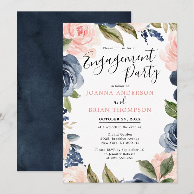 Invitation Parti d'engagement de la Marine Blue Blush Rose Ro (Devant / Derrière)