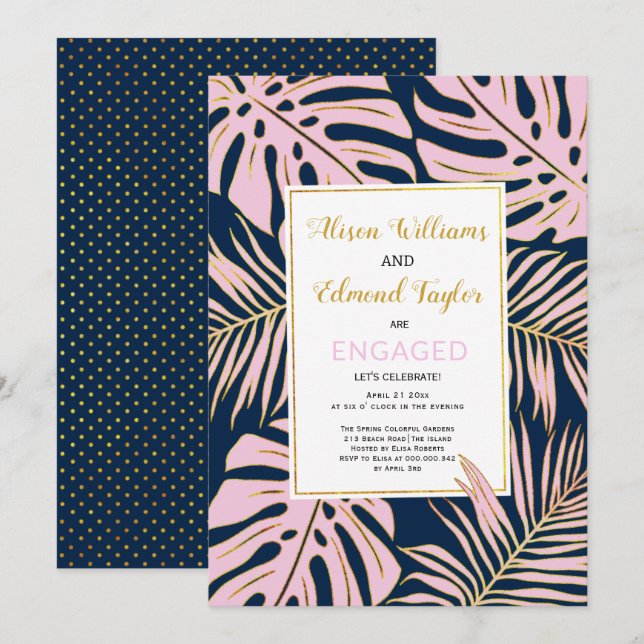 Invitation Parti d'engagement de la marine feuille, rose, or  (Devant / Derrière)
