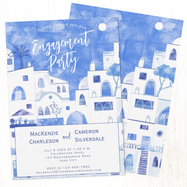 Invitation Parti d'engagement de Santorin (Santorini Mediterranean themed blue and white Engagement party invitations with custom text)