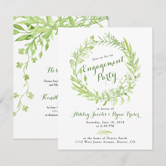 Invitation Parti d'engagement des couronnes vertes Watercolo (Devant / Derrière)