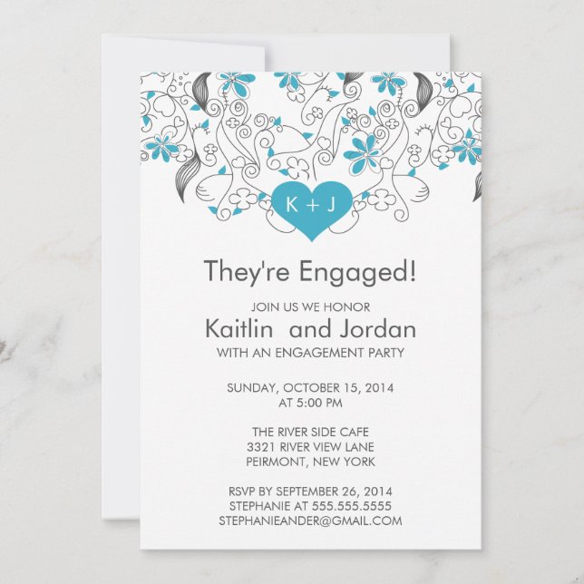 Invitation Parti d'engagement des fleurs du coeur bleu modern (Devant)