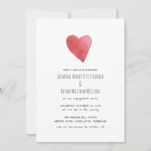 Invitation Parti d'engagement du coeur de couleur rouge d'eau (Devant)