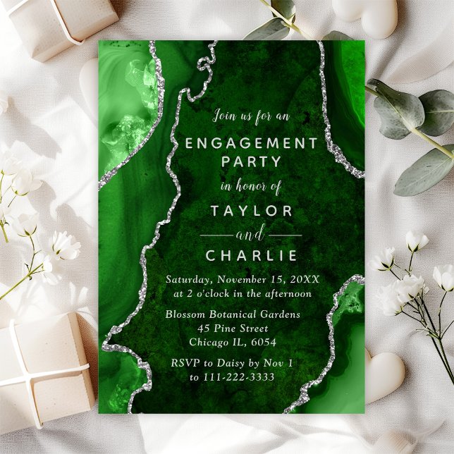 Invitation Parti d'engagement en marbre vert et argent (Créateur téléchargé)
