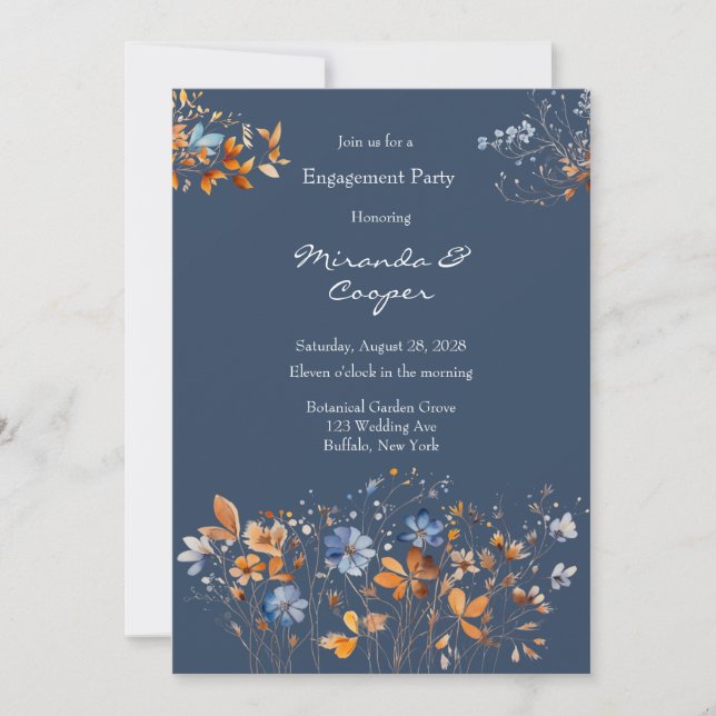 Invitation Parti d'engagement Fleur sauvage bleu et orange (Devant)
