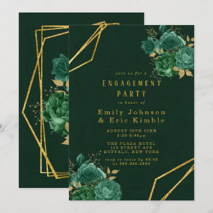 Invitation Parti d'engagement floral géométrique vert et or