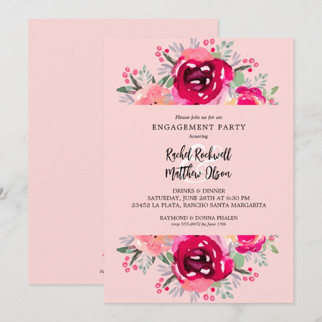 Invitation Parti d'engagement floral rose chic (Devant / Derrière)