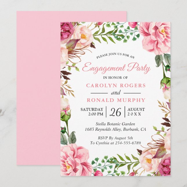 Invitation Parti d'engagement floral rose rose rose moderne (Devant / Derrière)
