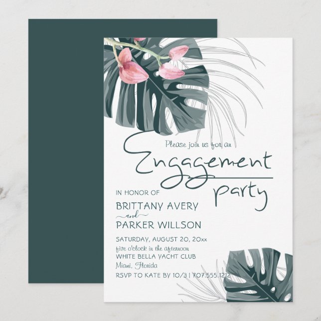 Invitation Parti d'engagement floral tropical (Devant / Derrière)