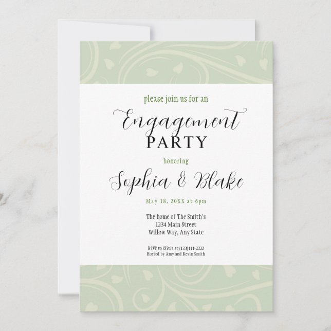 Invitation Parti d'engagement floral vert et blanc moderne (Devant)