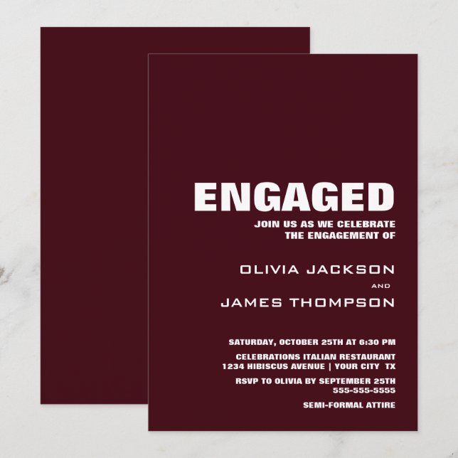 Invitation Parti d'engagement minimaliste de Bourgogne modern (Devant / Derrière)