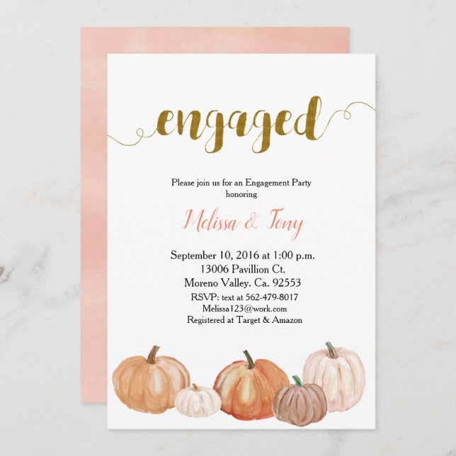 Invitation Parti d'engagement moderne Citrouille (Devant / Derrière)