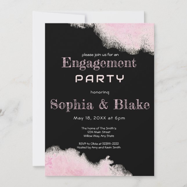 Invitation Parti d'engagement moderne rose et noir (Devant)