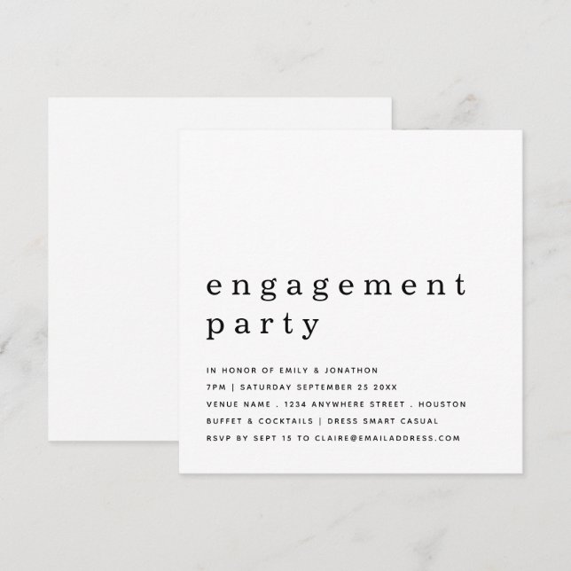 Invitation Parti d'engagement noir contemporain (Devant / Derrière)