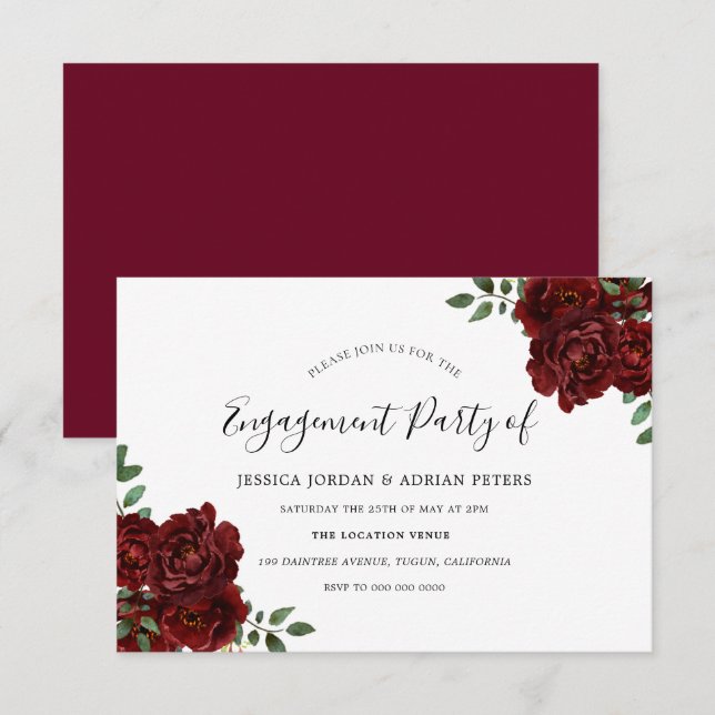 Invitation Parti d'engagement romantique du Rose de Bourgogne (Devant / Derrière)