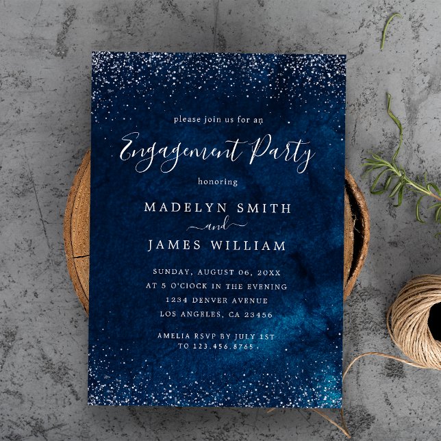 Invitation Parti d'engagement romantique Marine Bleu Argent (Romantic Engagement Party Navy Blue Silver Invitation
)