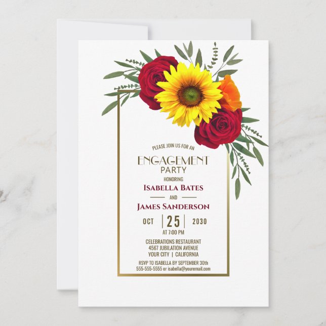 Invitation Parti d'engagement Rose de tournesol à cadre or (Devant)