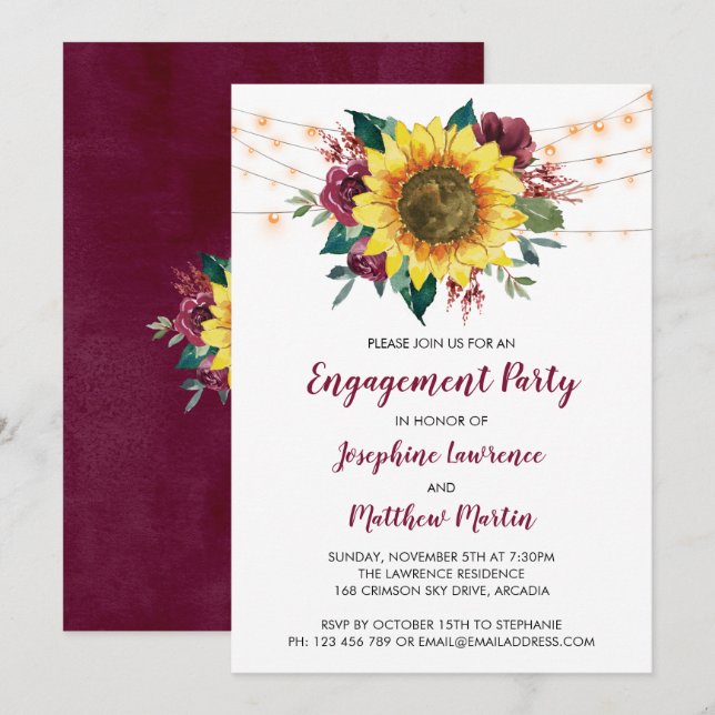 Invitation Parti d'engagement Tournesol Bourgogne Floral (Devant / Derrière)