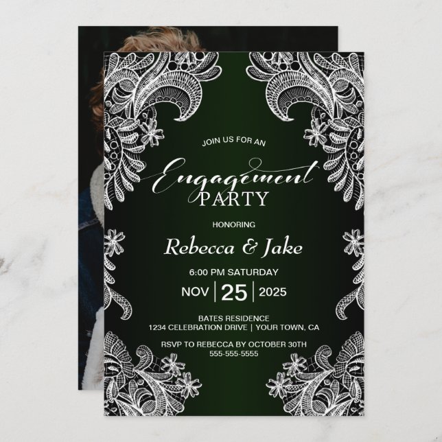Invitation Parti d'engagement vert de White Lace (Devant / Derrière)