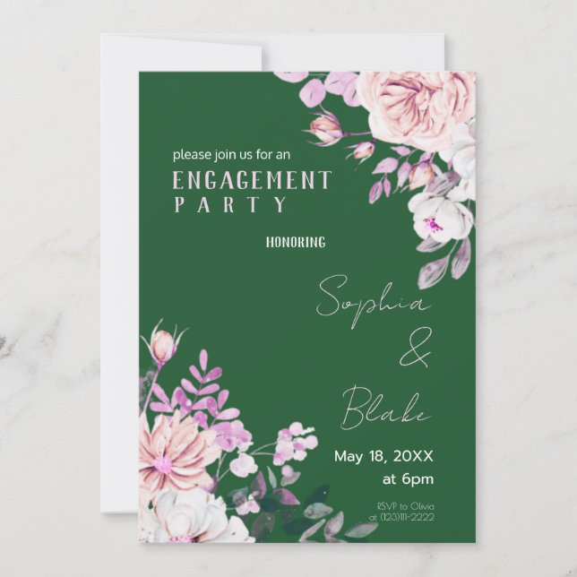 Invitation Parti d'engagement vert floral violet et blanc (Devant)