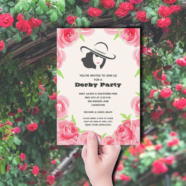 Invitation Parti Derby des Roses d'aquarelle (Big Hat Lady and Roses Derby Party Invitations)