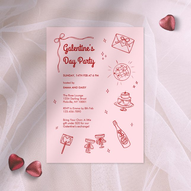 Invitation Parti des Galentines rouges et roses (Créateur téléchargé)