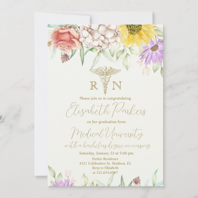 Invitation Parti d'études en soins infirmiers fleurs sauvages (Devant)
