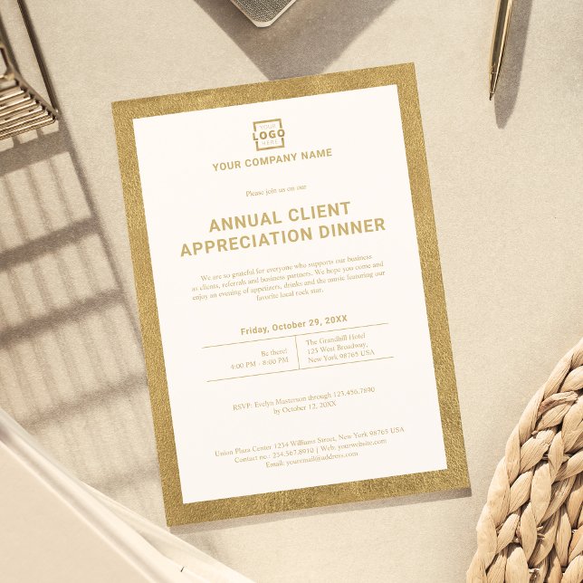 Invitation Parti d'événements d'entreprise personnalisée (Invite your guests with this gold invitation that has your custom logo and information.)