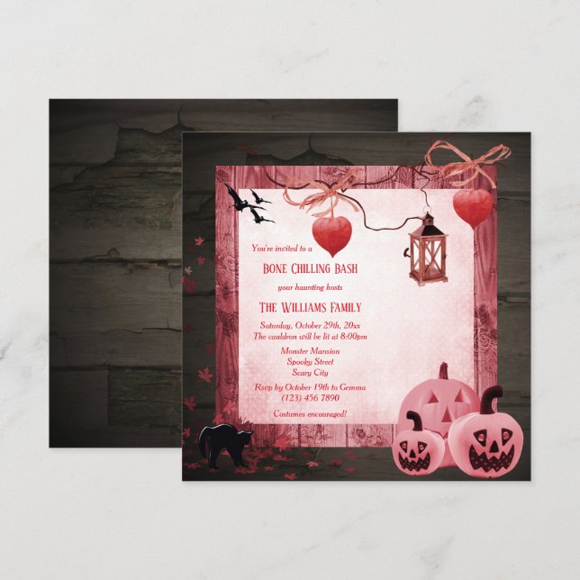 Invitation Parti d'Halloween Citrouille rose (Devant / Derrière)