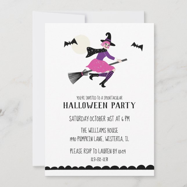 Invitation Parti d'Halloween sorcière rose (Devant)
