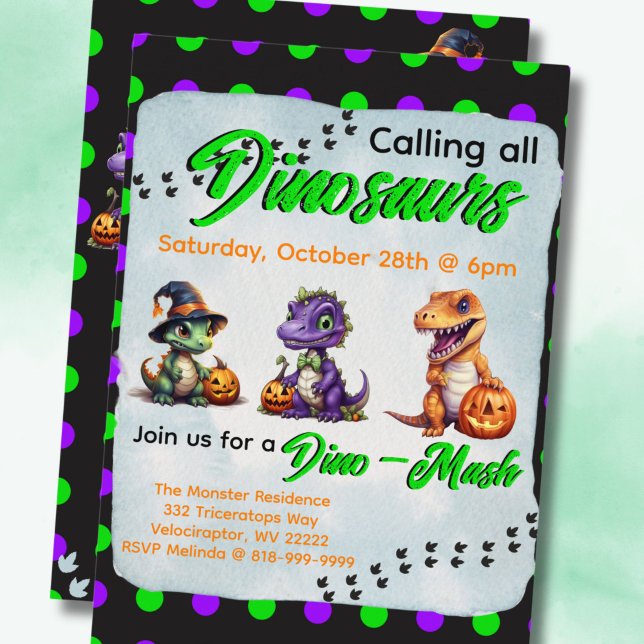 Invitation Parti Dino-Mash d'Halloween (Halloween Dinosaur Dino-Mash Party Invitation with Green Font)